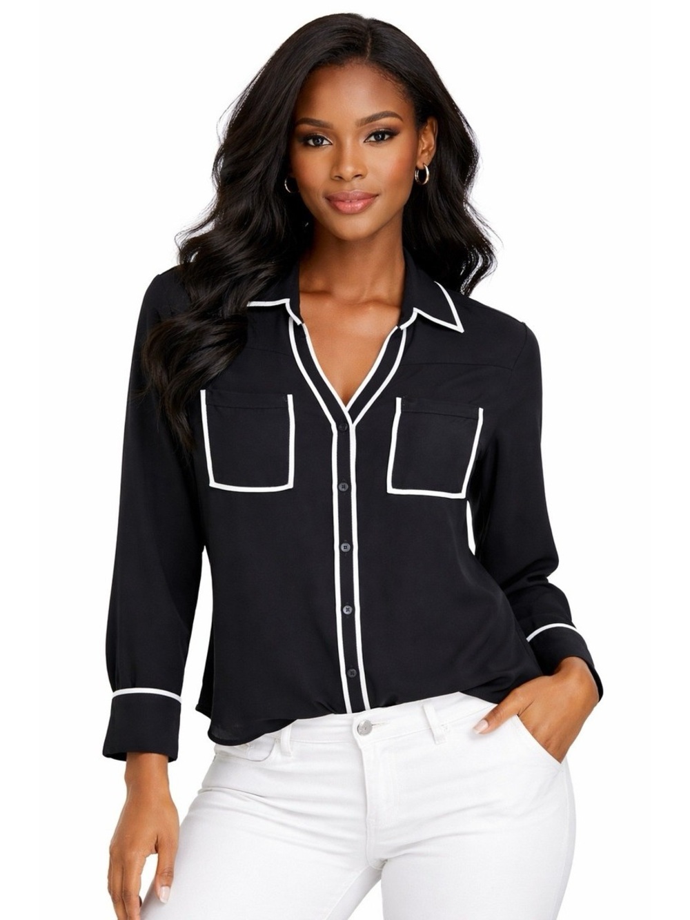 Express The Portofino Shirt Black White Piping Button Up Blouse M